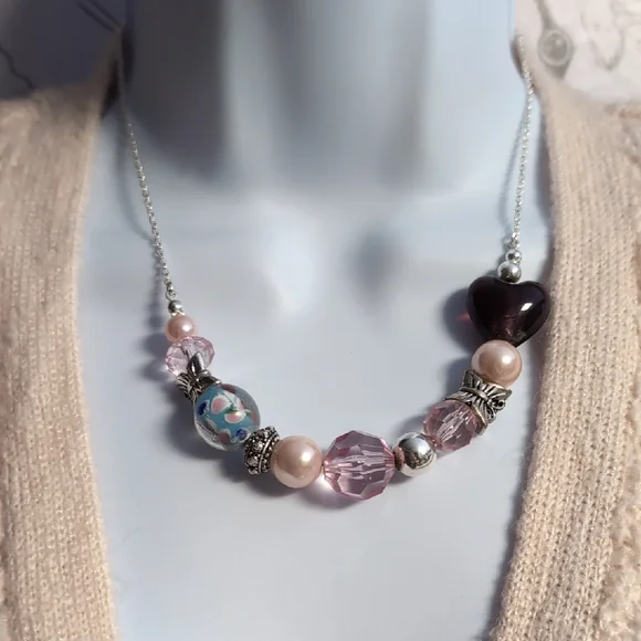 Purple Glass Heart Beaded Slider Chain Necklace - Picture 2 of 5